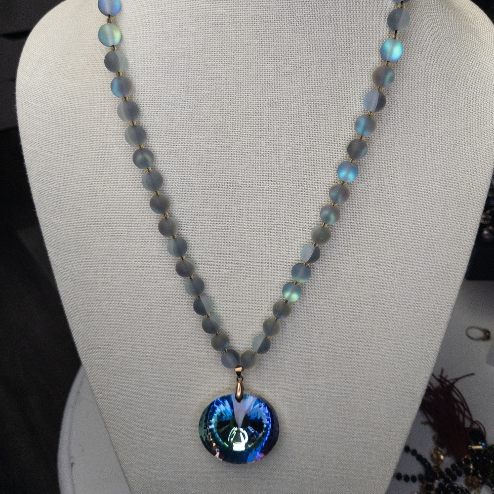 Gorgeous Synthetic Moonstone/   Mystic Aura/  Matte Gray Blue Necklace